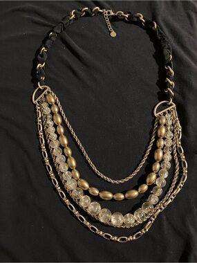 Talbots Gold-Tone Chain Necklace with Clear Beads and Black Fabric